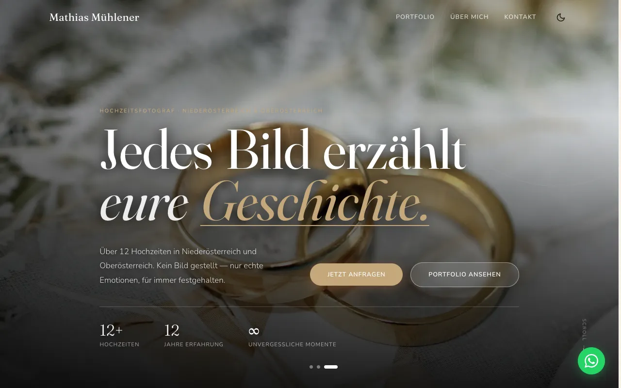Startseite der Website von Hochzeitsfotograf Mathias Mühlener: großes Hochzeitsfoto über die volle Breite, darüber der Name in heller Schrift