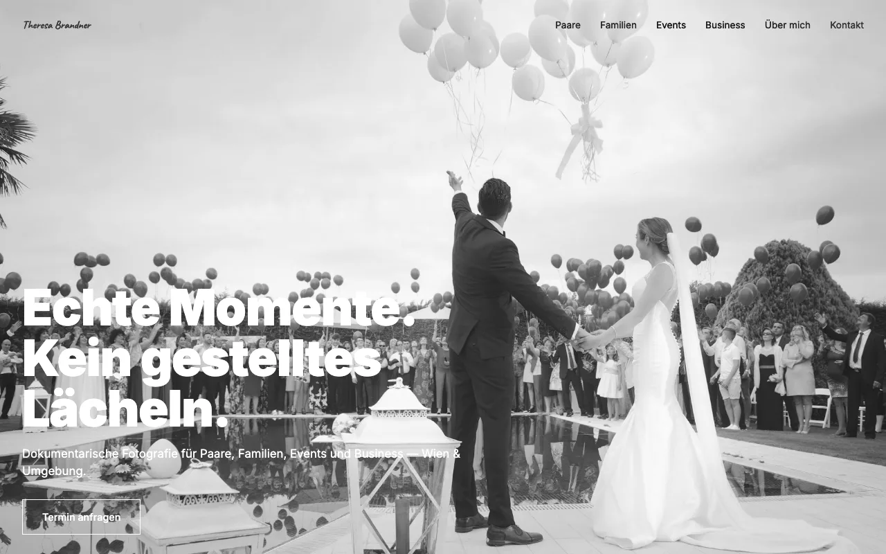 Konzeptseite Theresa Brandner: Schwarzweiß-Portfolio für Dokumentarfotografie, sortiert nach Anlässen
